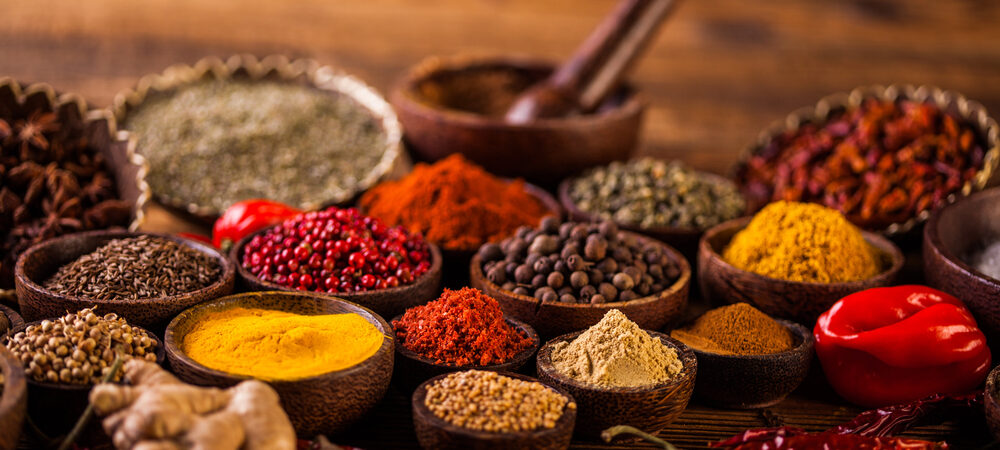 Traditional oriental spices in Indonesian bowls